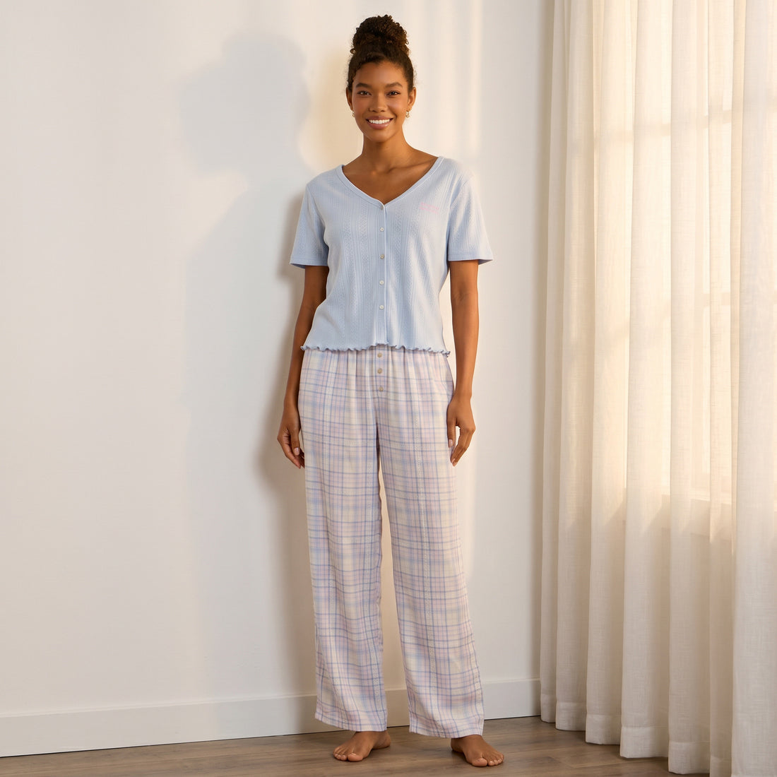 Checked Cotton Pyjama Set - Blue / XXL