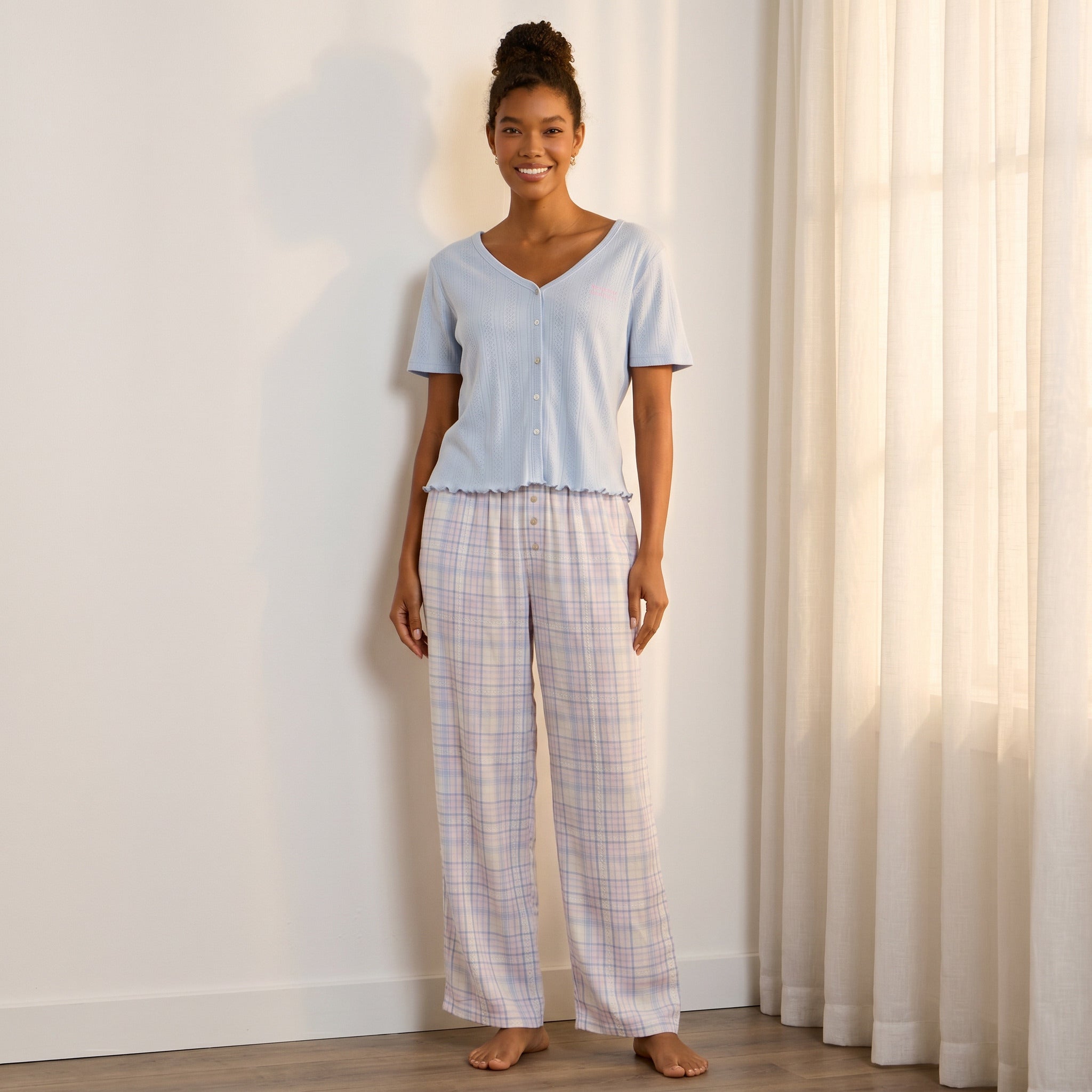Checked Cotton Pyjama Set - Blue / XXL