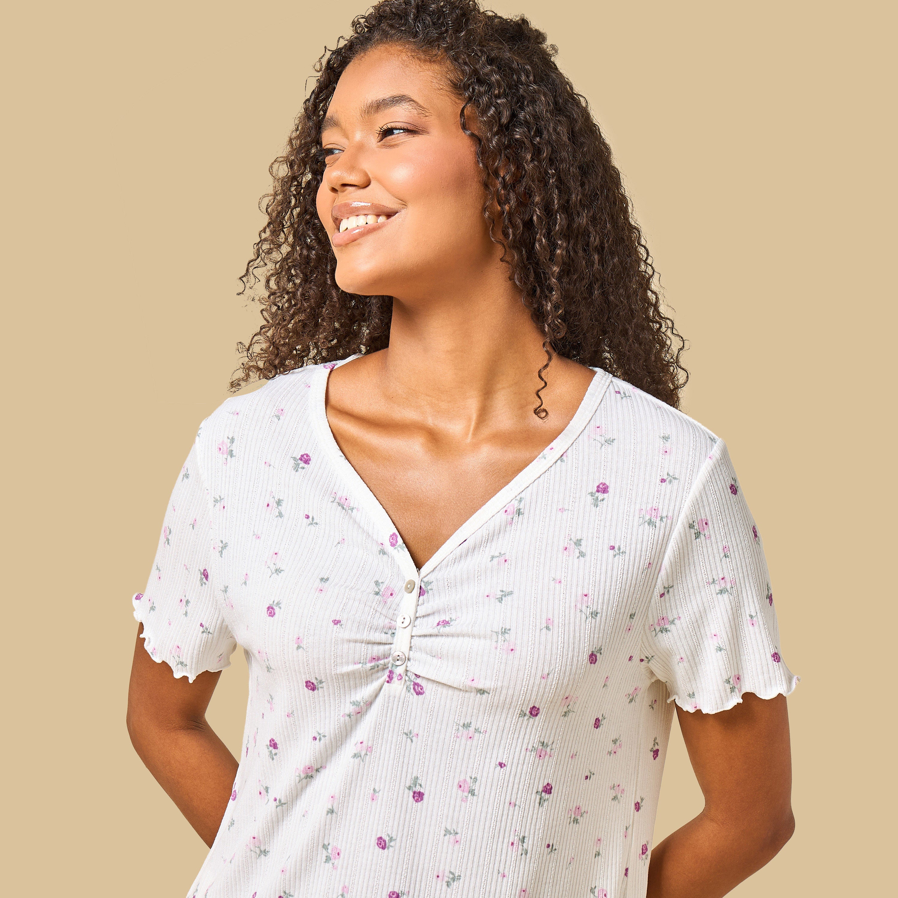 Floral Print Ribbed Pyjama Set