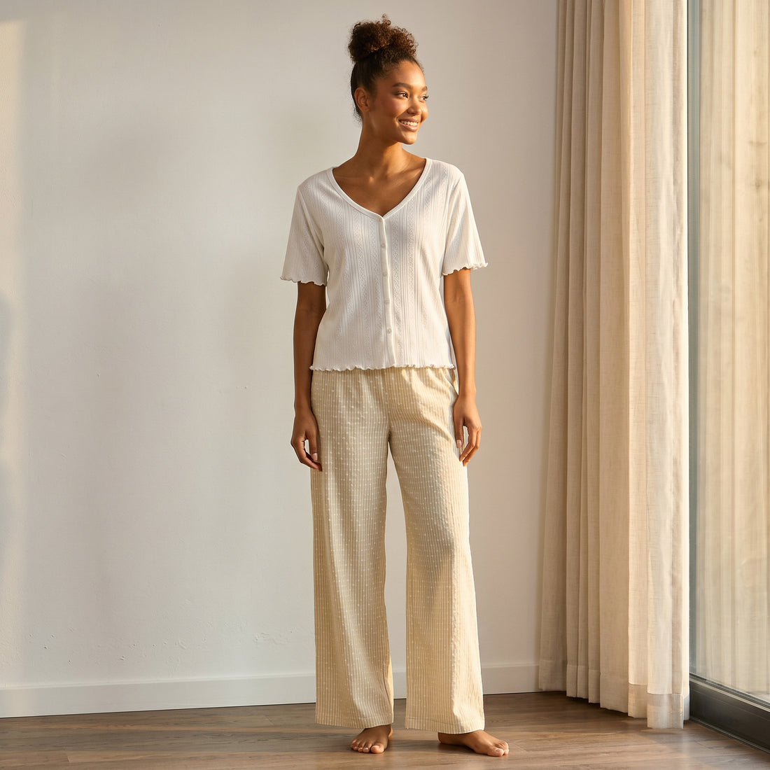 Textured Pointelle Dobby Pyjama Set - Cream / XXL