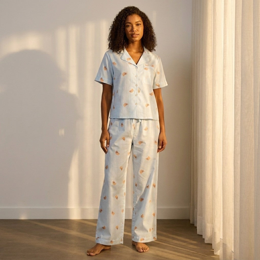 Croissant Print Cotton Pyjama Set - Blue / XXL