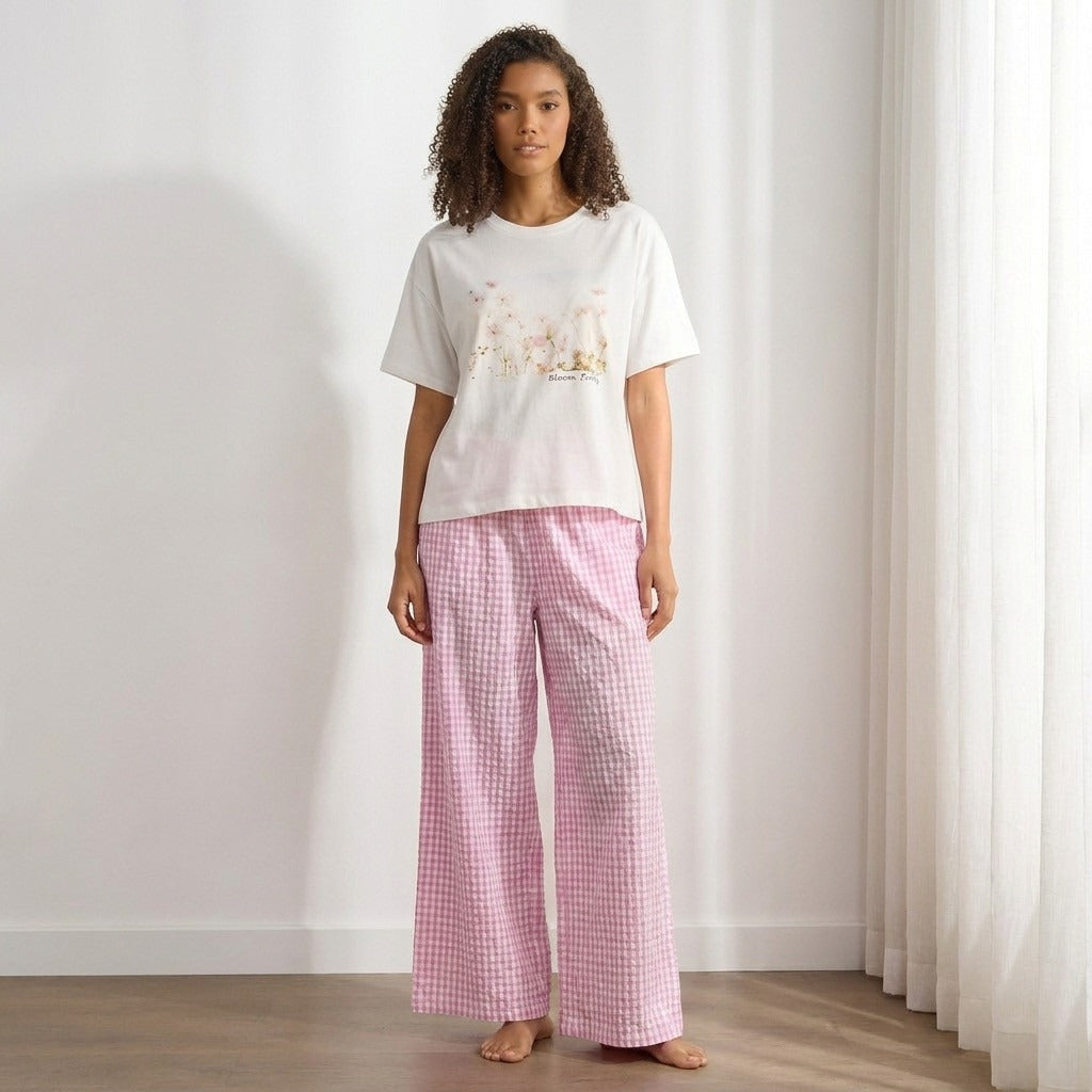 Checked Cotton Pyjama Set - Cream / XXL