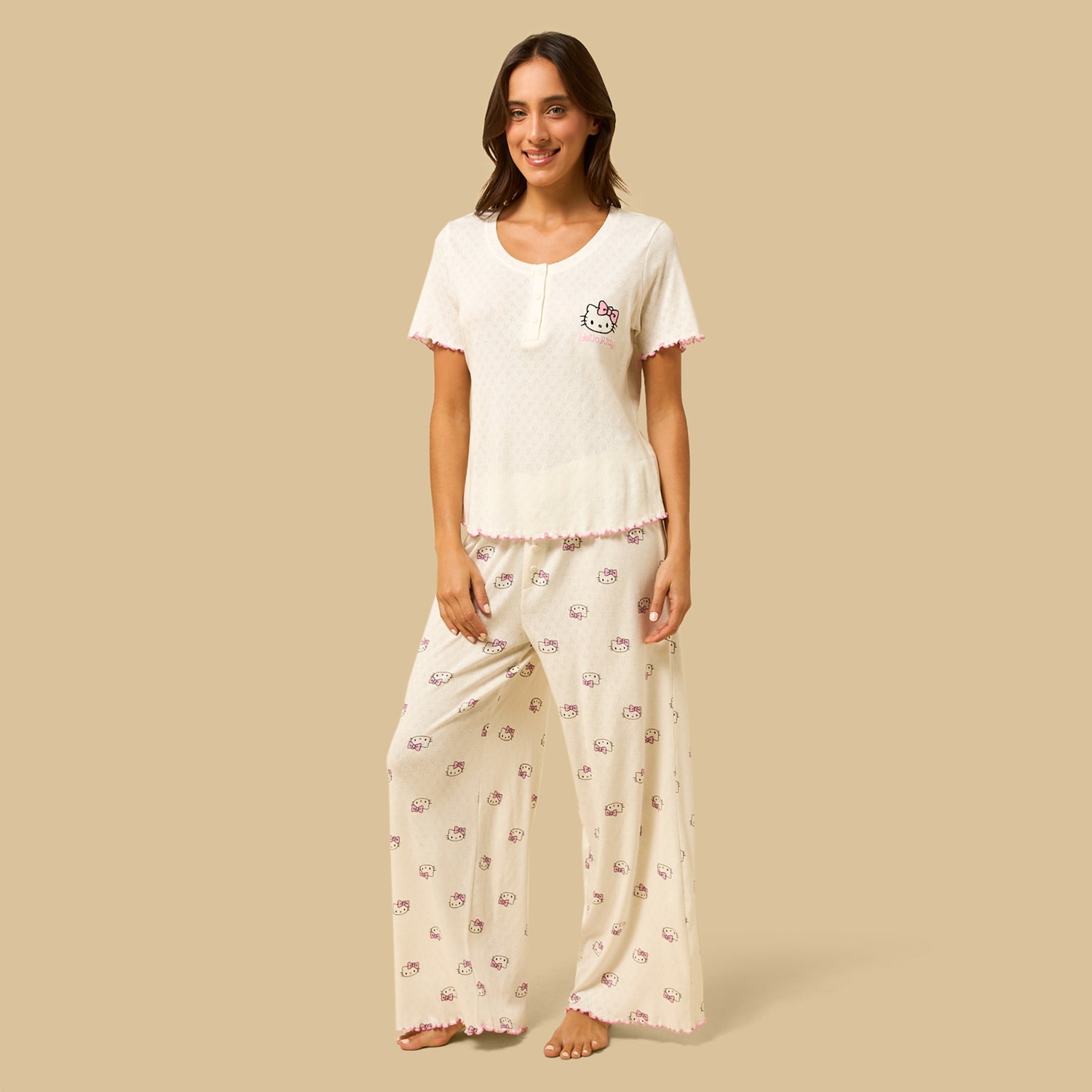 Hello Kitty Print Cotton Pyjama Set - Cream / XXL