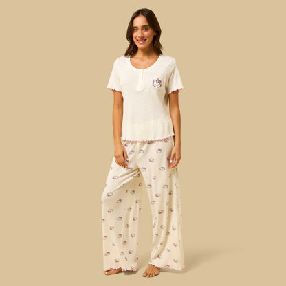 Hello Kitty Print Cotton Pyjama Set - Cream / XXL