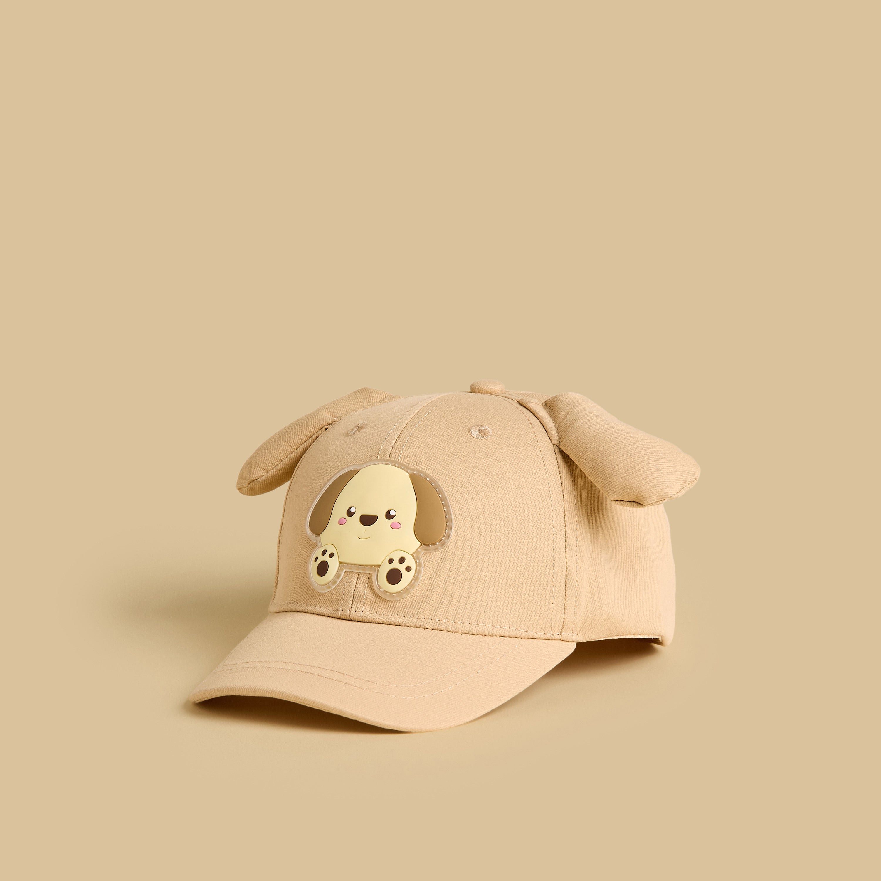 Puppy Applique Cap with Hook and Loop Strap Closure - Cream / 1-3 yrs