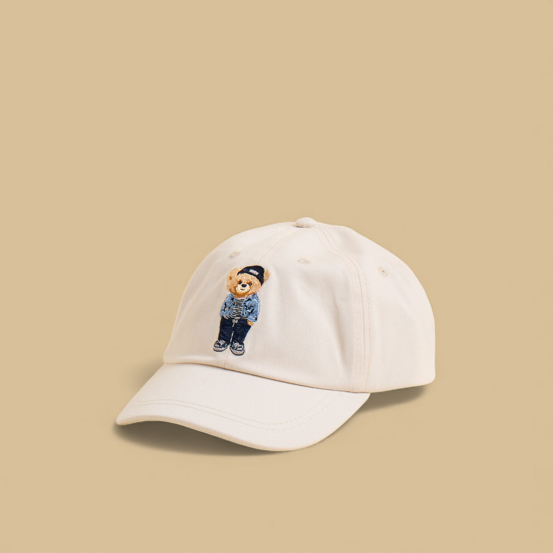 Bear Embroidered Cap with Hook and Loop Strap Closure - Cream / 12-16