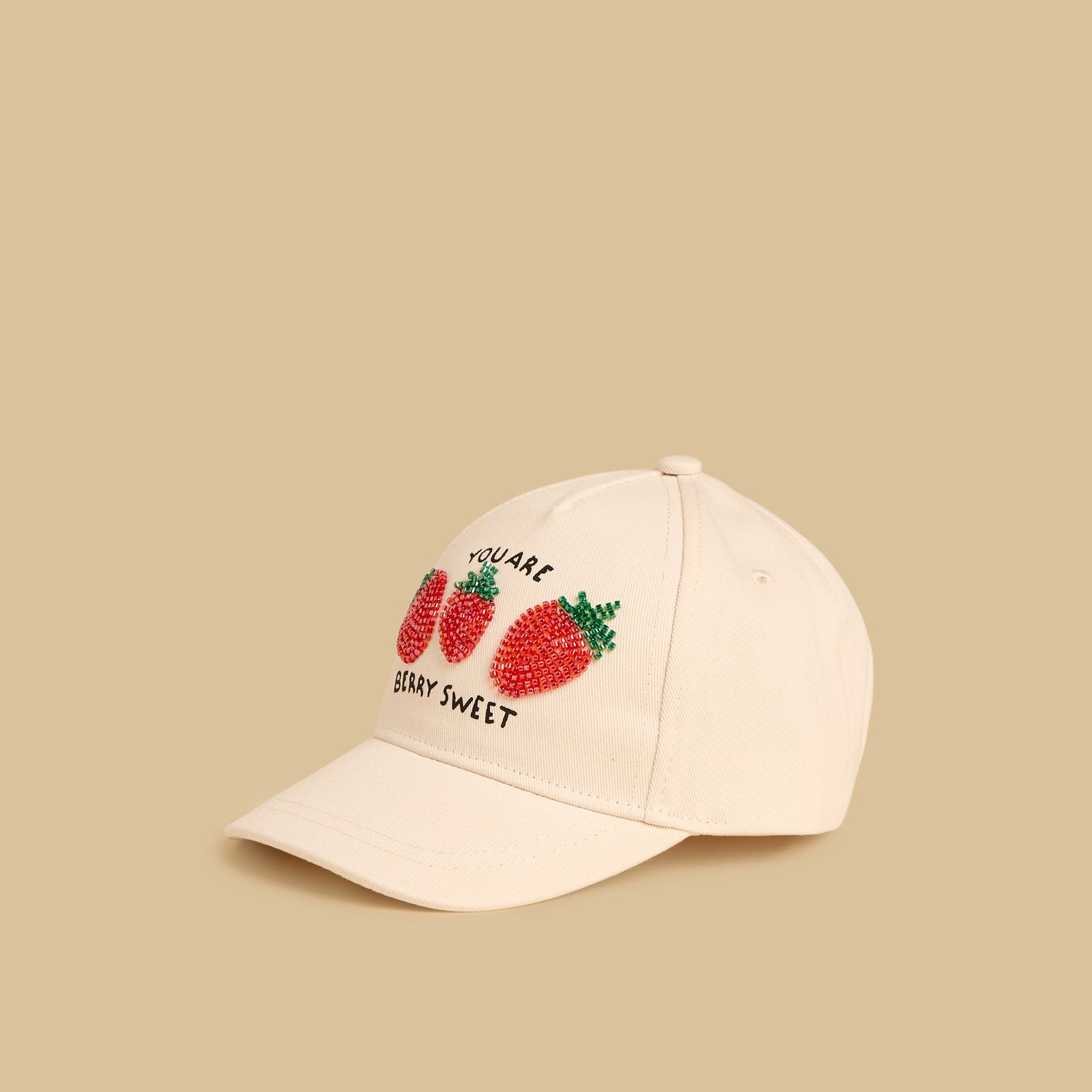 Strawberry Bead Embellished Cap with Hook and Loop Closure - Cream / 3-5 yrs