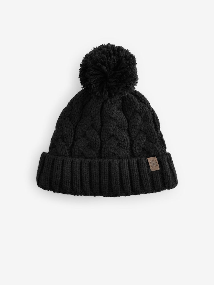 Black Cable Knit Pom Hat (1-16yrs) - 11-13 Years (146-158cm)