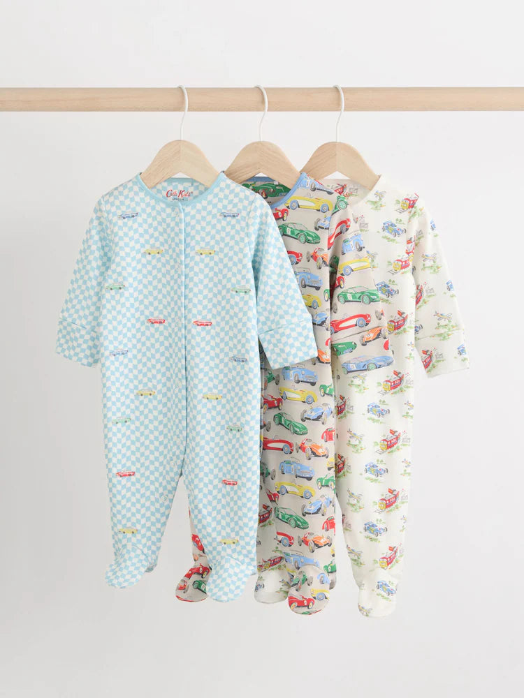 Blue/Green Cath Kidston Cars Baby 100% Cotton Sleepsuits 3 Pack