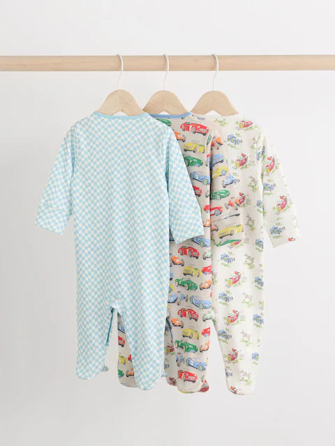 Blue/Green Cath Kidston Cars Baby 100% Cotton Sleepsuits 3 Pack