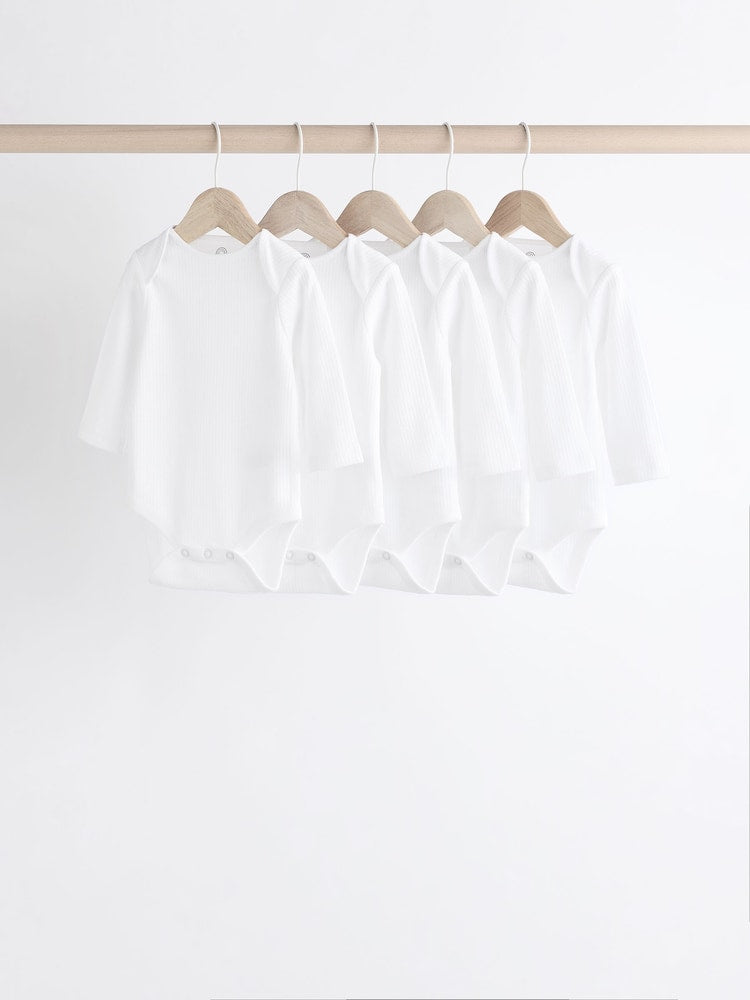 White Long Sleeve Rib Baby Bodysuits 5 Pack