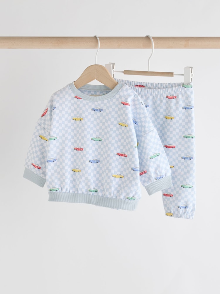 Cath Kidston Blue Checkerboard Transport Baby Sweatshirt and Joggers Set - Size Up to 1 Month (56cm) - Blue Checkerboard Transport