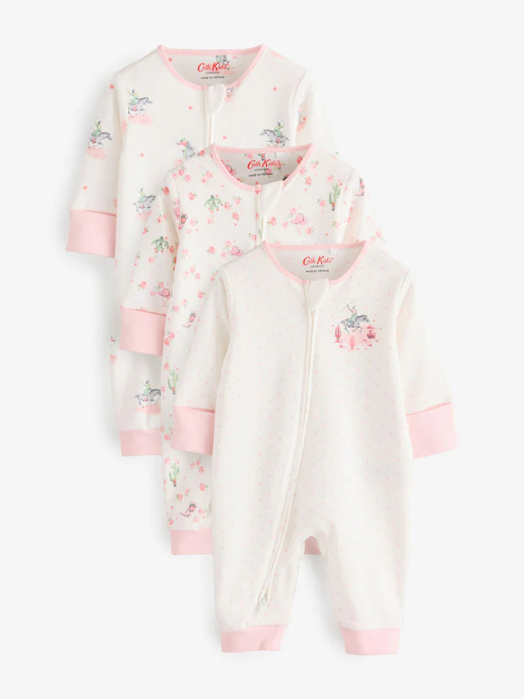 Pink/White Cath Kidston Floral Baby 100% Cotton Sleepsuits 3 Pack