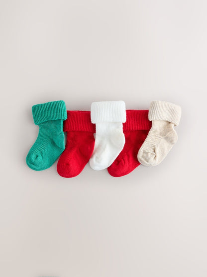 Red/Green Embroidererd Christmas Roll Top Baby Socks 5 Pack - Red/Green Embroidererd / Up to 1 Month (50-56cm)