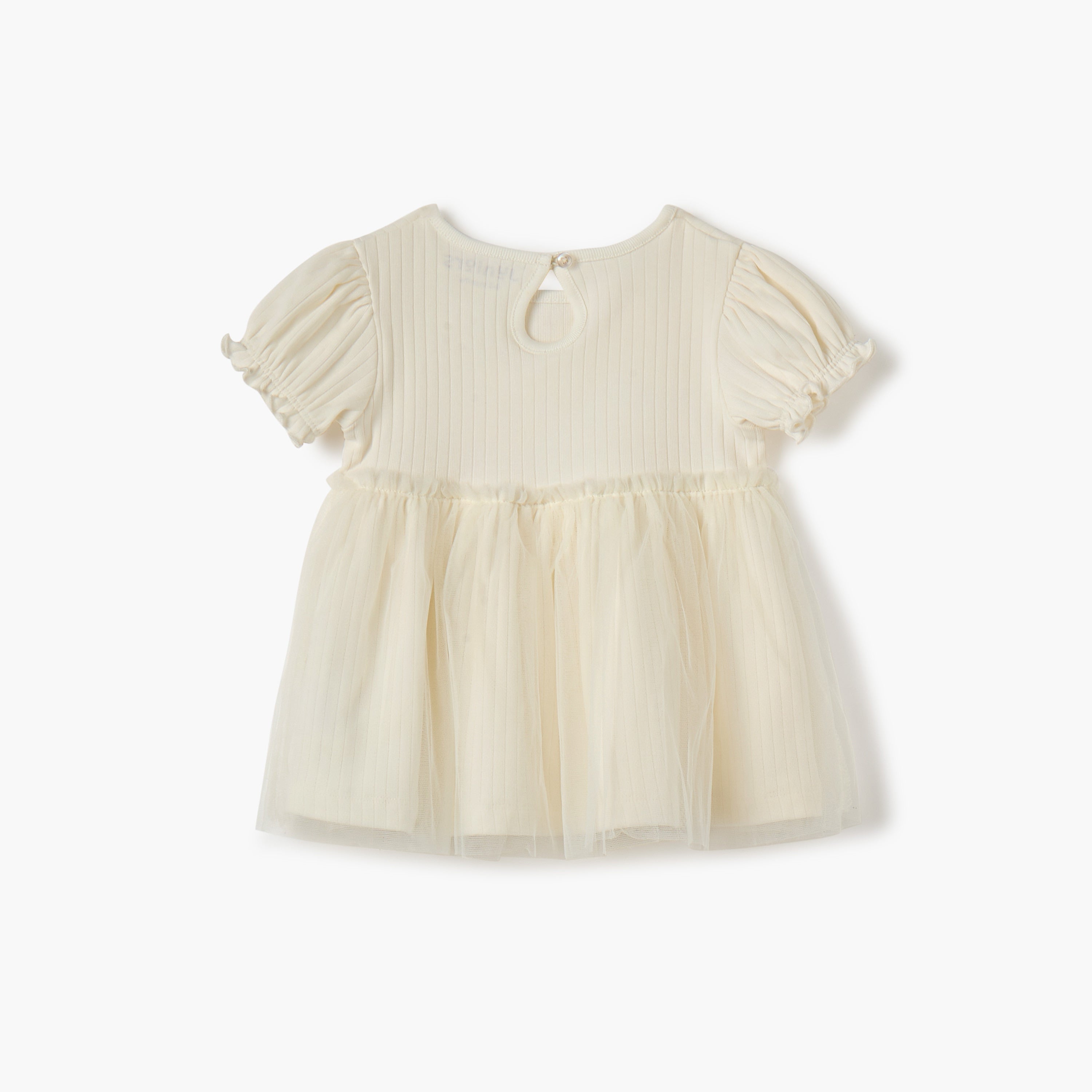 Juniors Ribbed A-line Dress with Round Neck and Tulle Skirt Detail