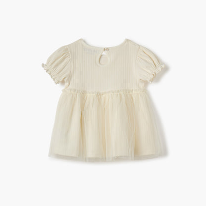 Juniors Ribbed A-line Dress with Round Neck and Tulle Skirt Detail