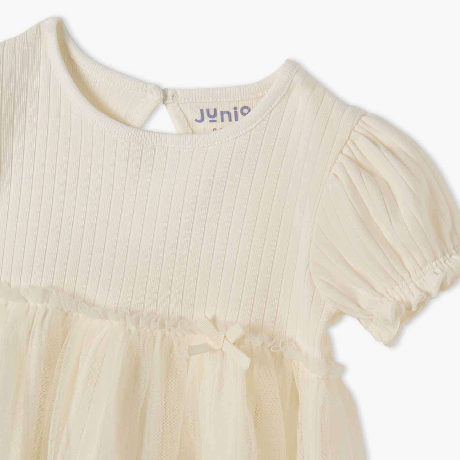 Juniors Ribbed A-line Dress with Round Neck and Tulle Skirt Detail