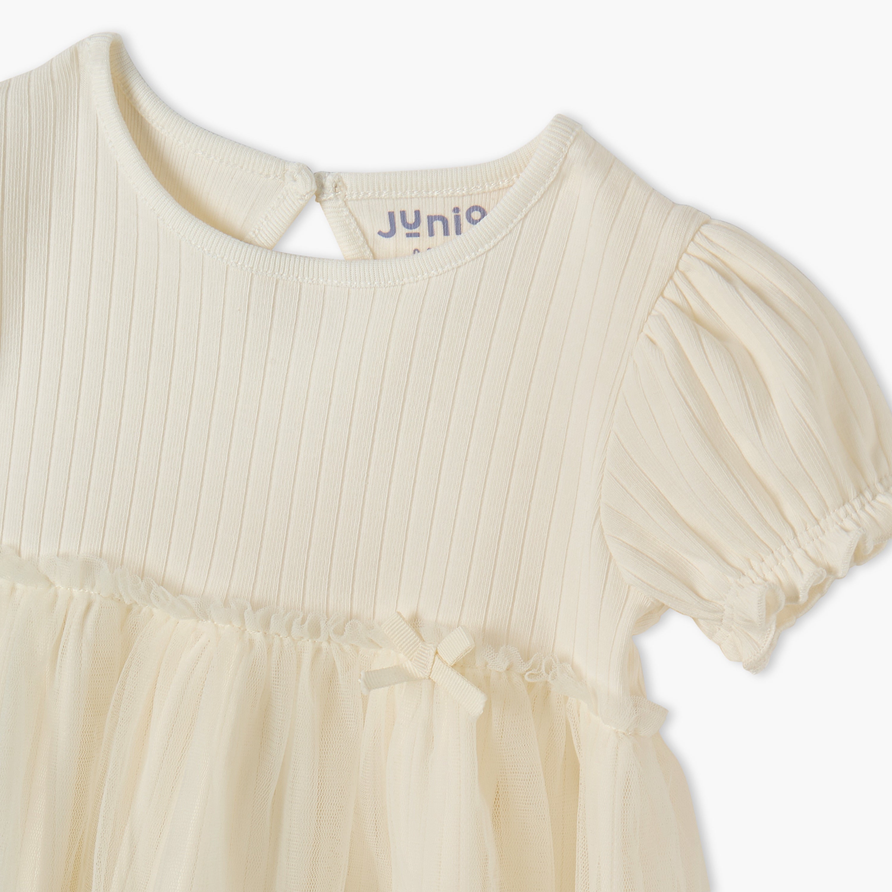 Juniors Ribbed A-line Dress with Round Neck and Tulle Skirt Detail