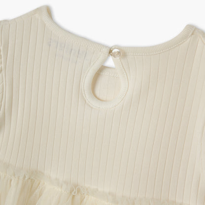 Juniors Ribbed A-line Dress with Round Neck and Tulle Skirt Detail