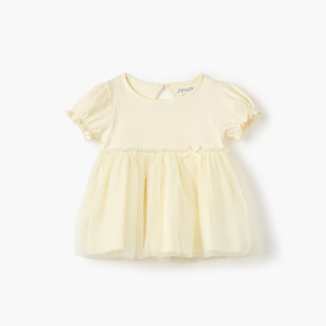 Juniors Ribbed A-line Dress with Round Neck and Tulle Skirt Detail - Yellow / 12-18 mths