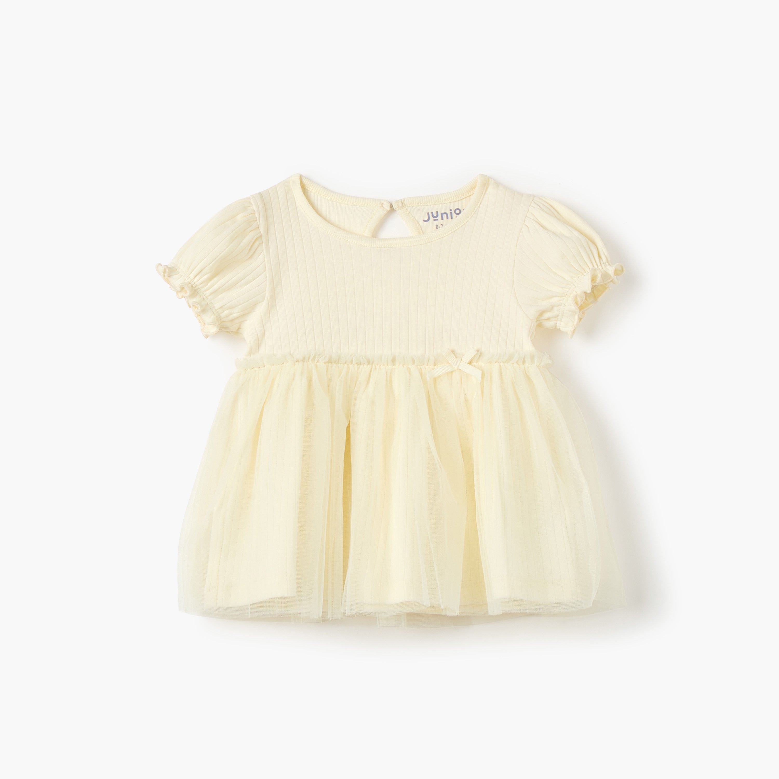 Juniors Ribbed A-line Dress with Round Neck and Tulle Skirt Detail - Yellow / 12-18 mths