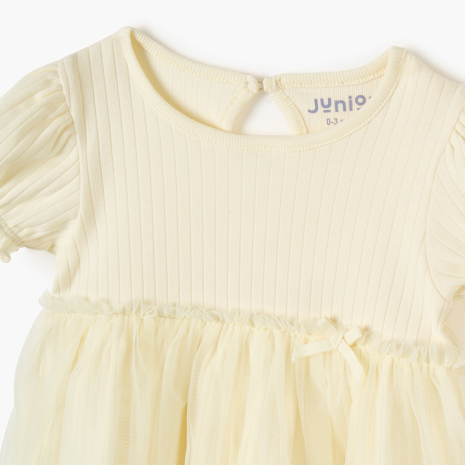 Juniors Ribbed A-line Dress with Round Neck and Tulle Skirt Detail