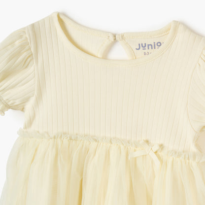 Juniors Ribbed A-line Dress with Round Neck and Tulle Skirt Detail