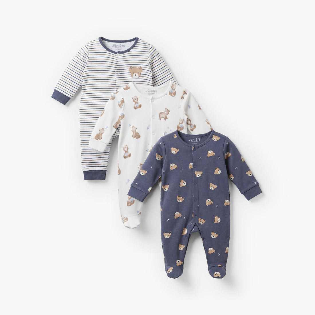 Pack of 3 Juniors Cotton Crew Neck Long Sleeves Sleepsuit with Bear Print - Multicolour / 9-12 mths