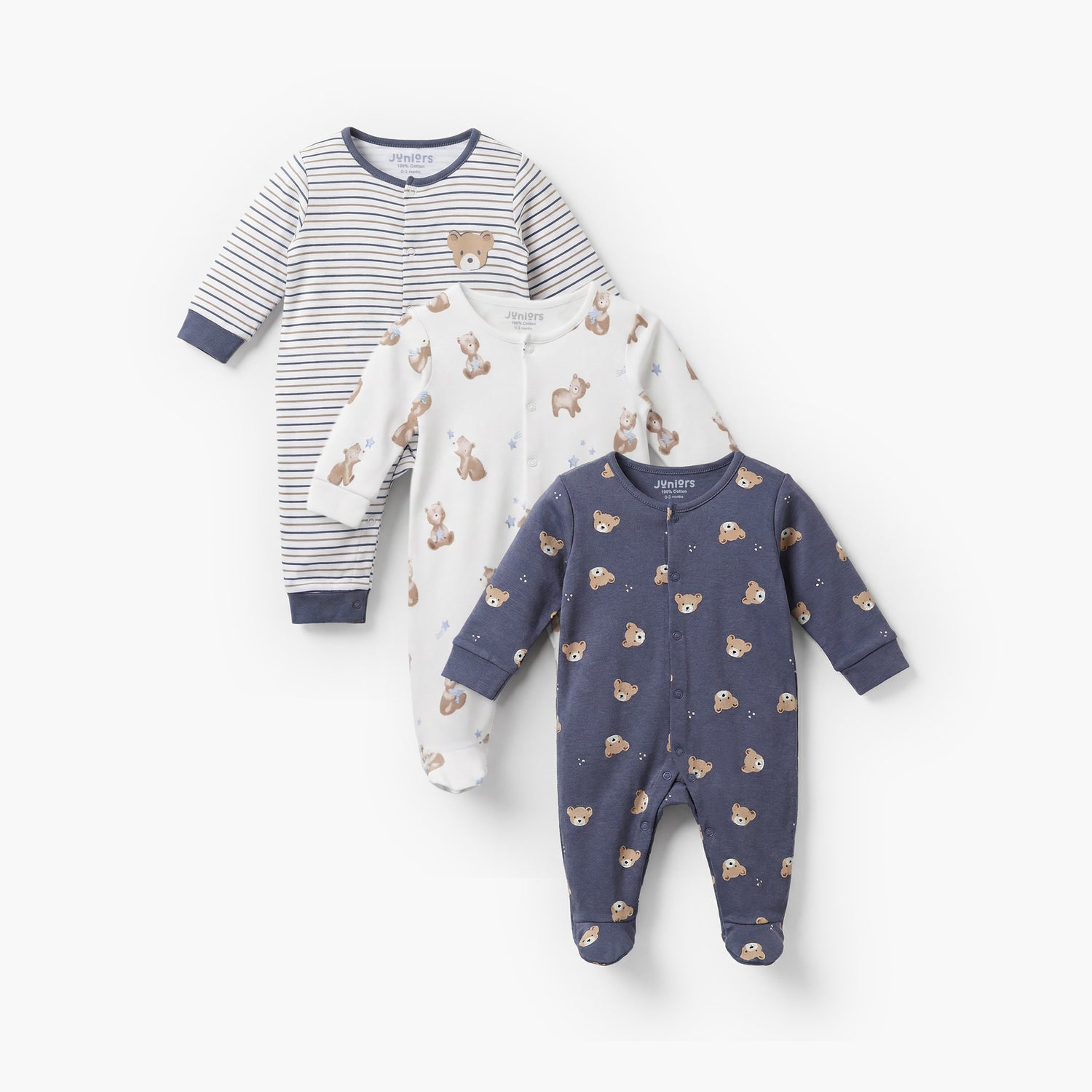 Pack of 3 Juniors Cotton Crew Neck Long Sleeves Sleepsuit with Bear Print - Multicolour / 9-12 mths