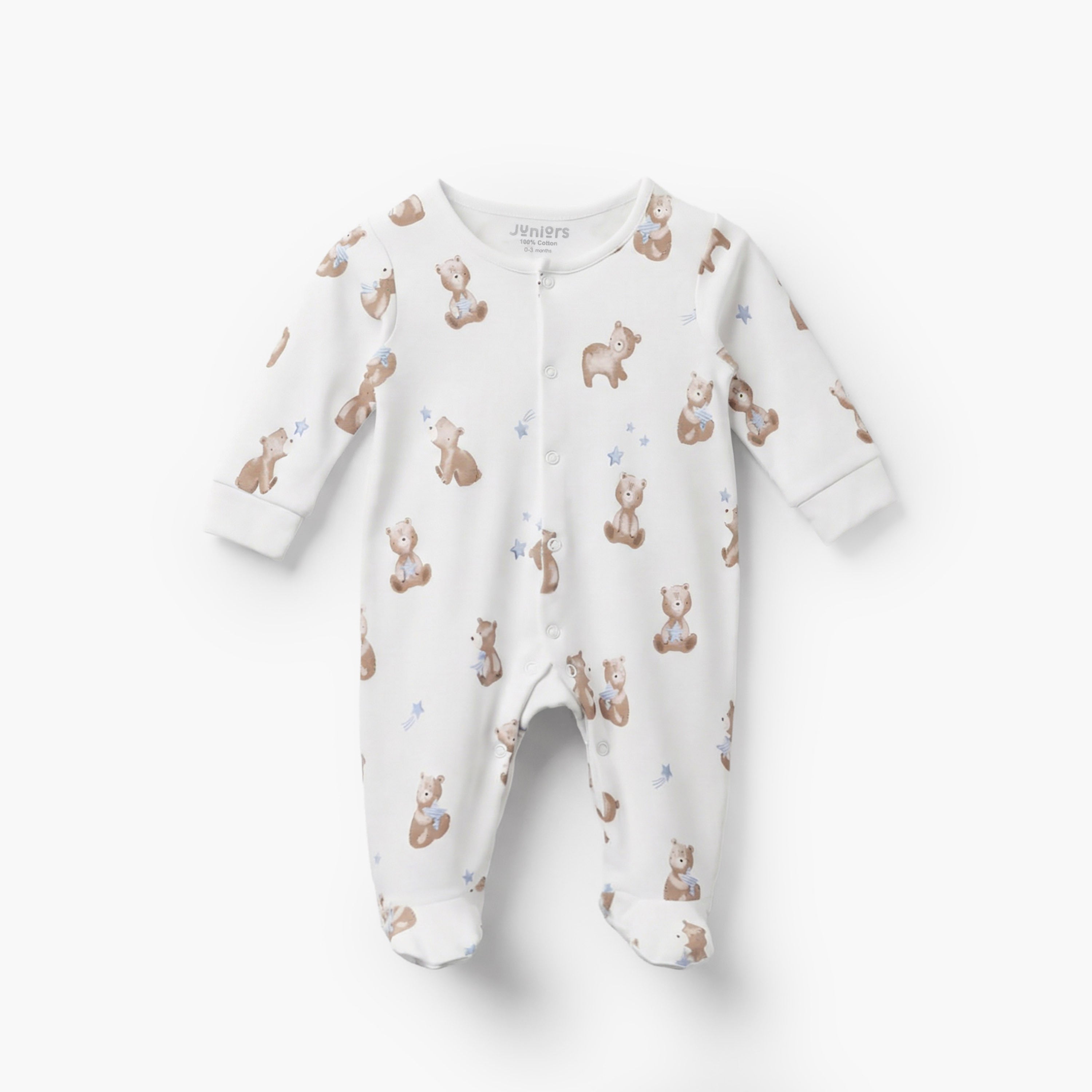 Pack of 3 Juniors Cotton Crew Neck Long Sleeves Sleepsuit with Bear Print
