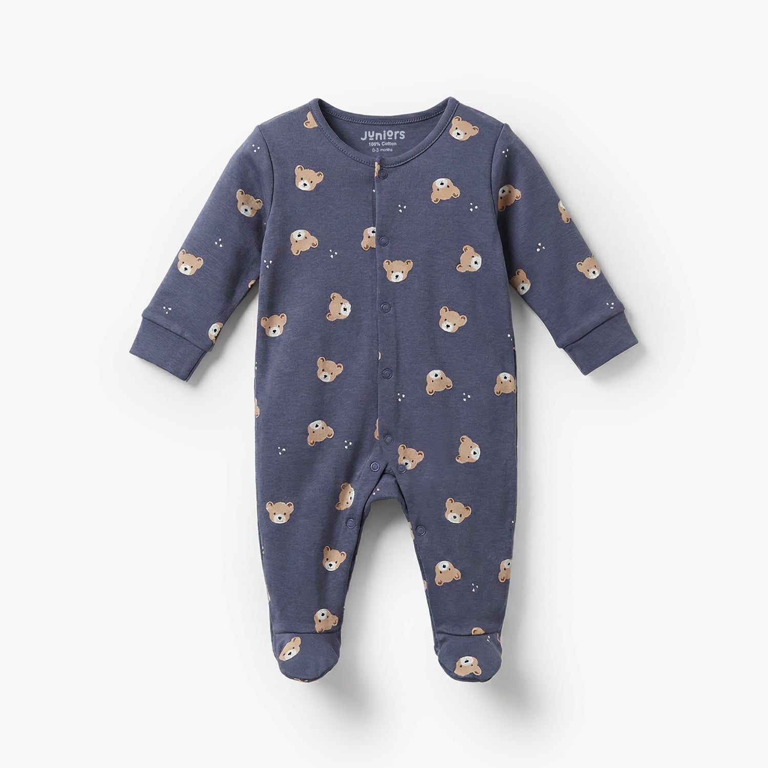 Pack of 3 Juniors Cotton Crew Neck Long Sleeves Sleepsuit with Bear Print