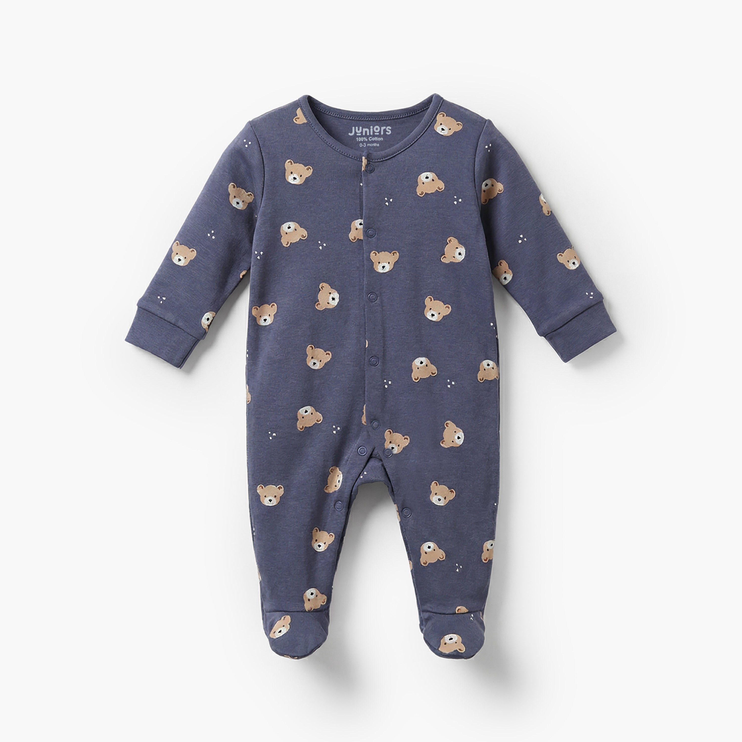 Pack of 3 Juniors Cotton Crew Neck Long Sleeves Sleepsuit with Bear Print