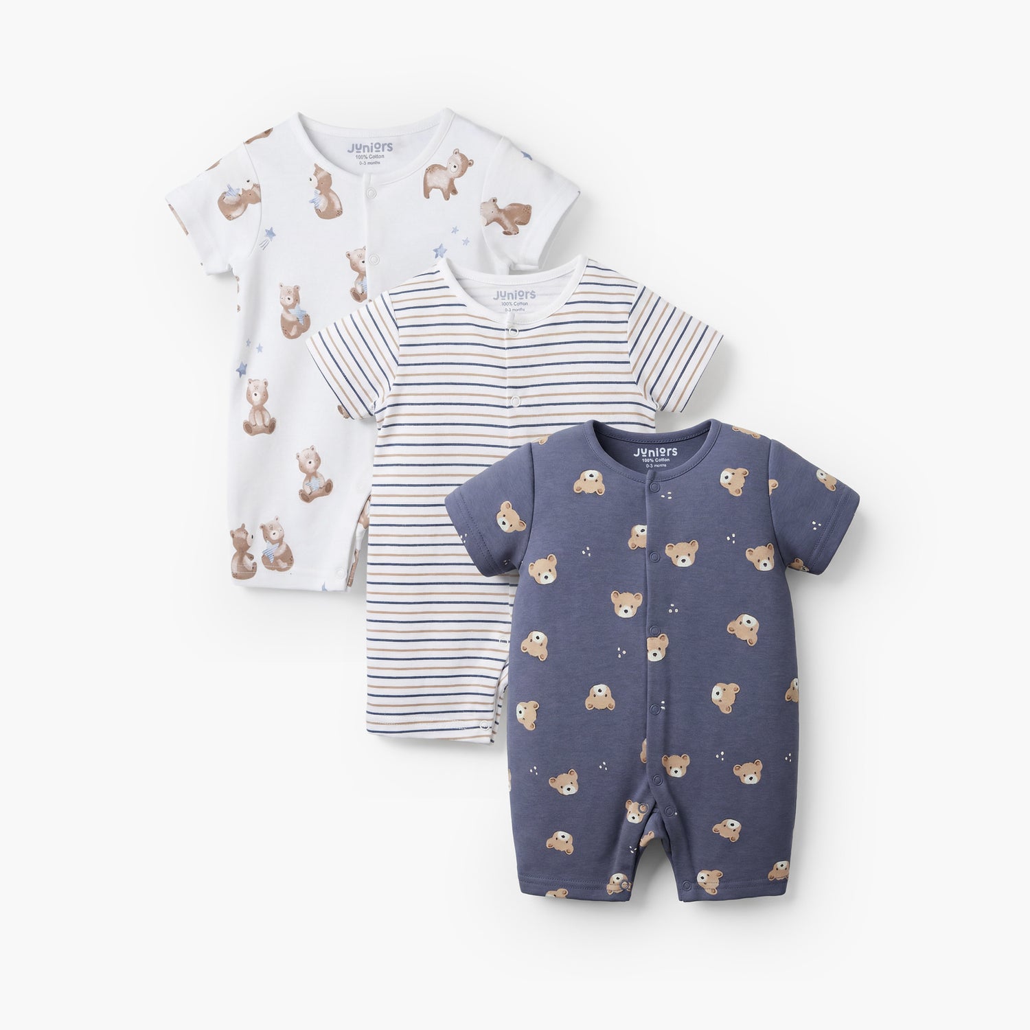 Pack of 3 Juniors Round Neck Short Sleeves Romper with Bear Print - Blue / 12-18 mths