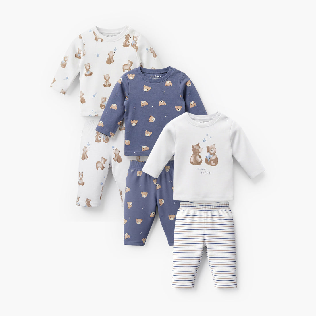 Pack of 3 Juniors Cotton Crew Neck Long Sleeves Pyjama Set with Bear Print - Multicolour / 12-18 mths