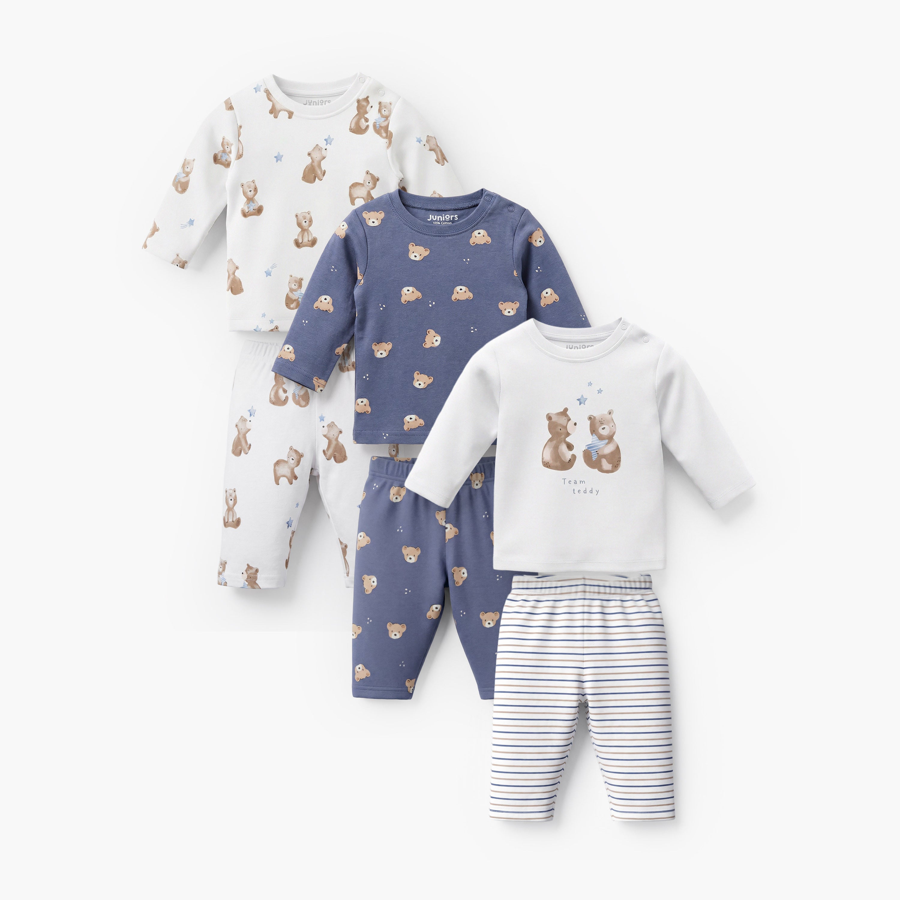 Pack of 3 Juniors Cotton Crew Neck Long Sleeves Pyjama Set with Bear Print - Multicolour / 12-18 mths