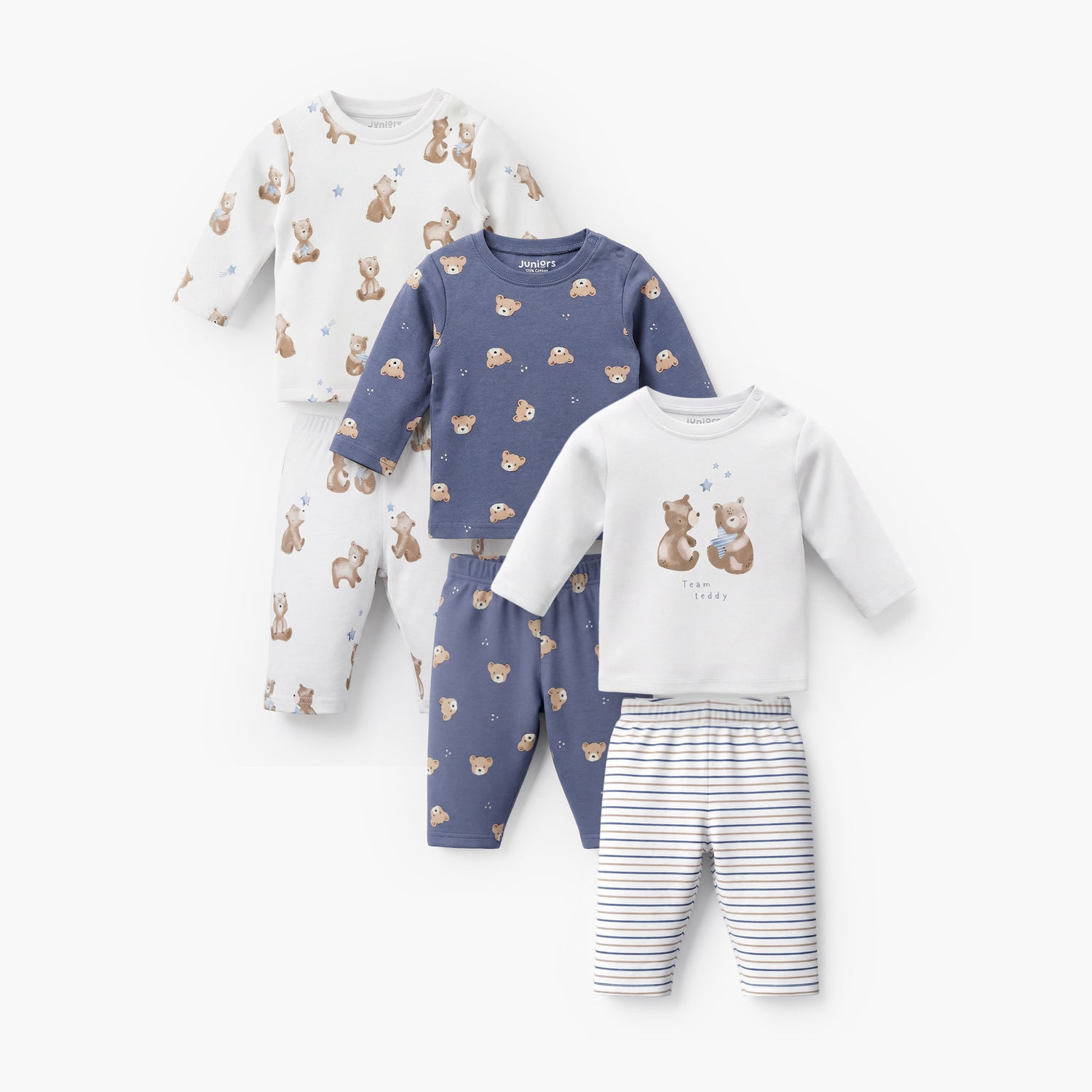 Pack of 3 Juniors Cotton Crew Neck Long Sleeves Pyjama Set with Bear Print
