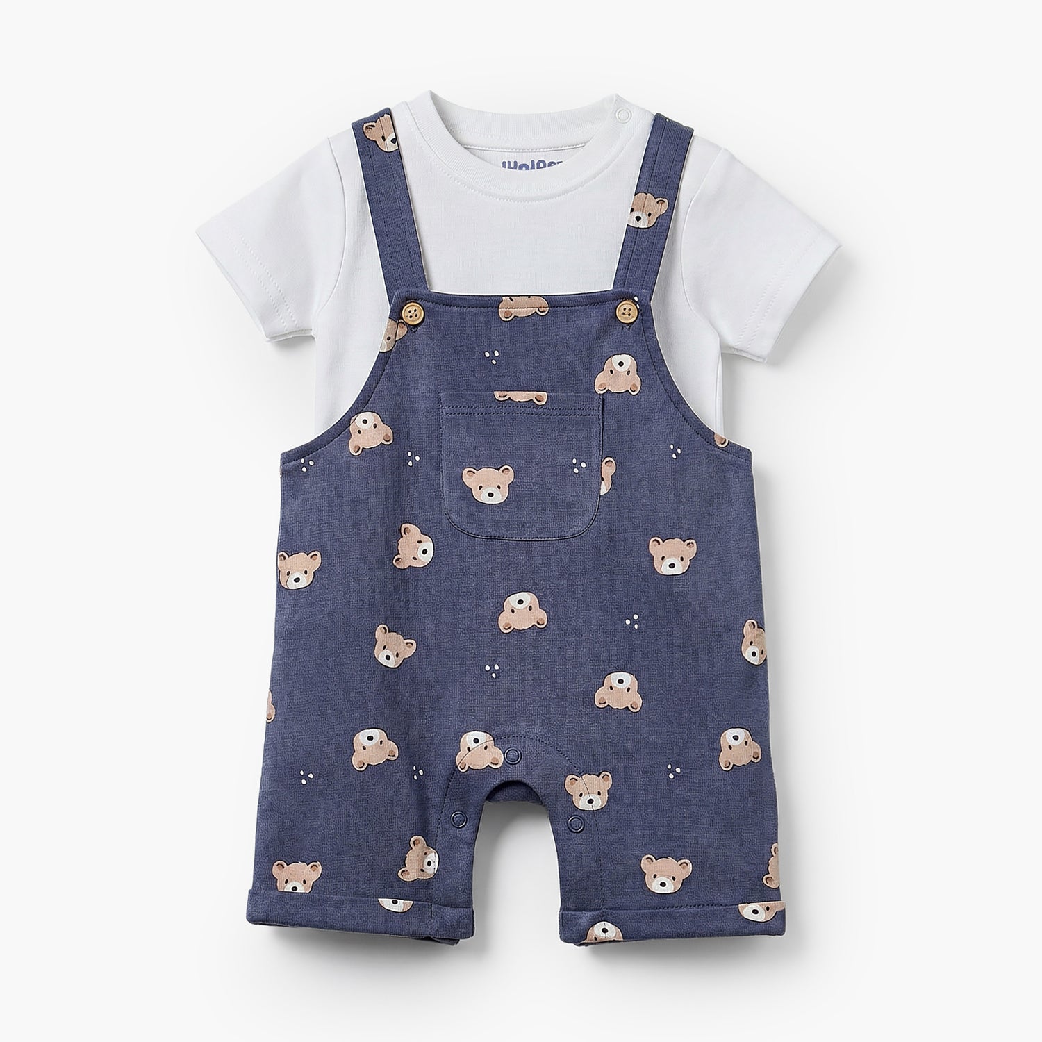 Juniors Round Neck Short Sleeves T-shirt and Dungaree Set with Bear Print - Blue / 12-18 mths