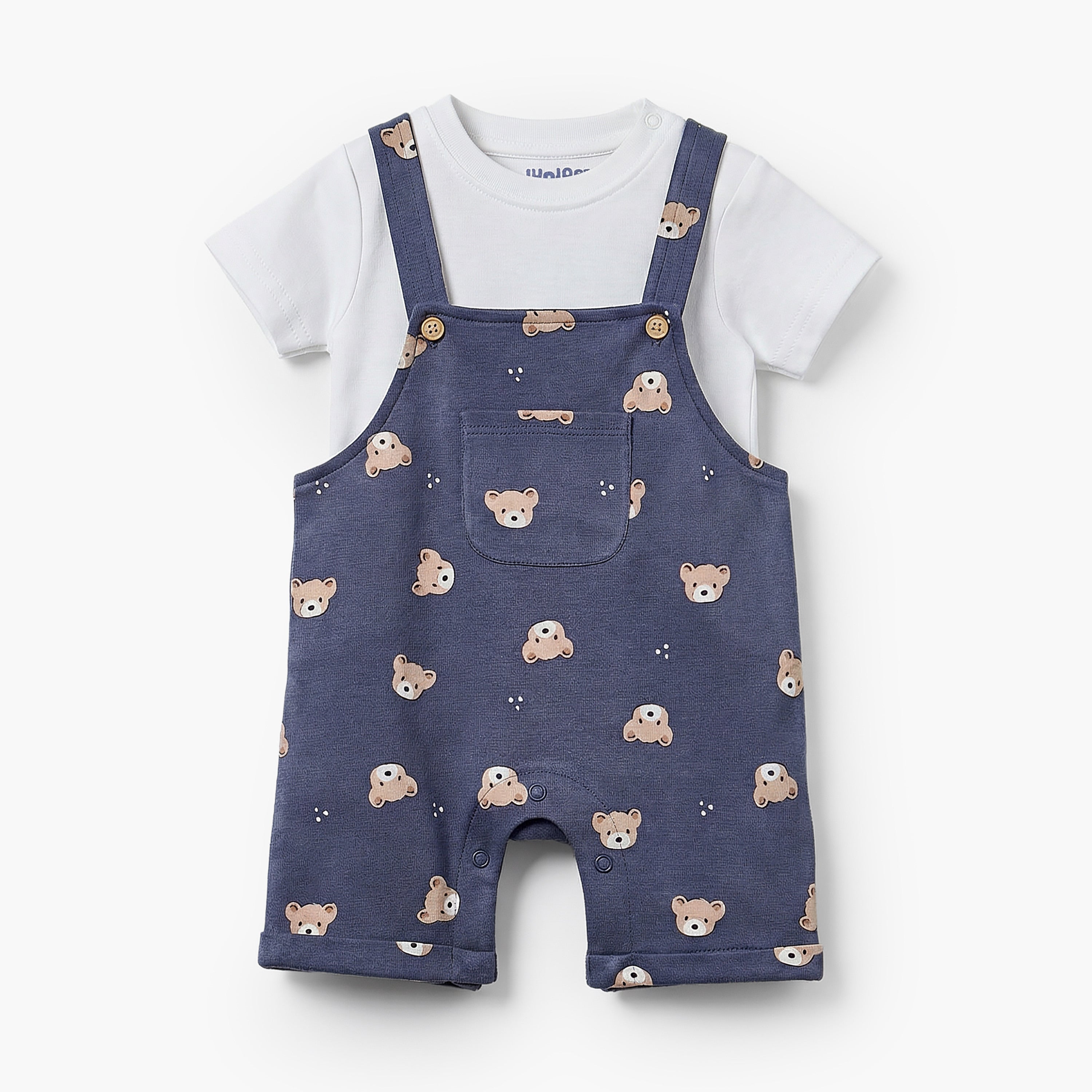 Juniors Round Neck Short Sleeves T-shirt and Dungaree Set with Bear Print - Blue / 12-18 mths