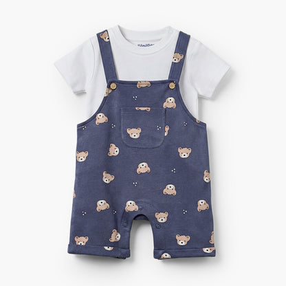 Juniors Round Neck Short Sleeves T-shirt and Dungaree Set with Bear Print - Blue / 12-18 mths