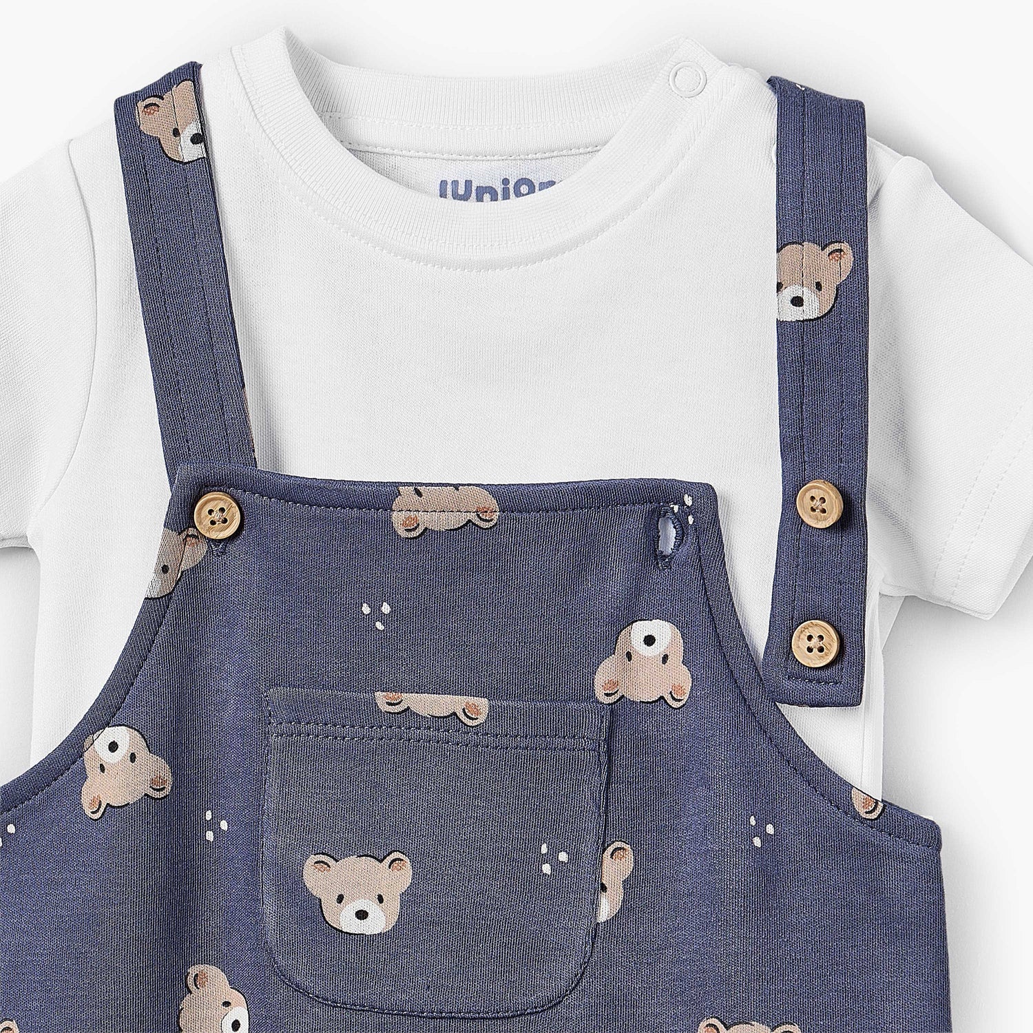 Juniors Round Neck Short Sleeves T-shirt and Dungaree Set with Bear Print