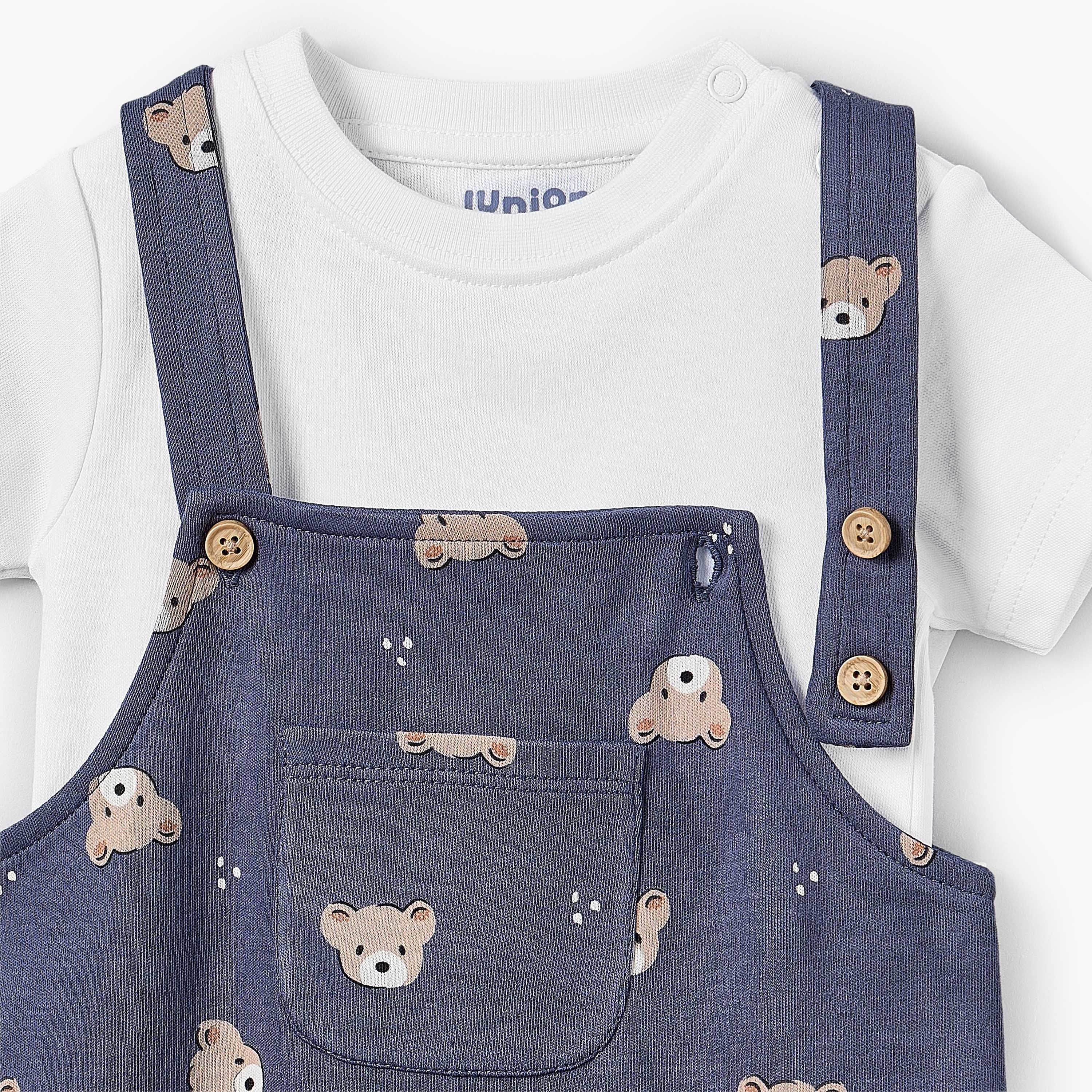 Juniors Round Neck Short Sleeves T-shirt and Dungaree Set with Bear Print