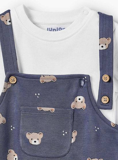 Juniors Round Neck Short Sleeves T-shirt and Dungaree Set with Bear Print-baby-boys-clothing-setsandcoords-image-4