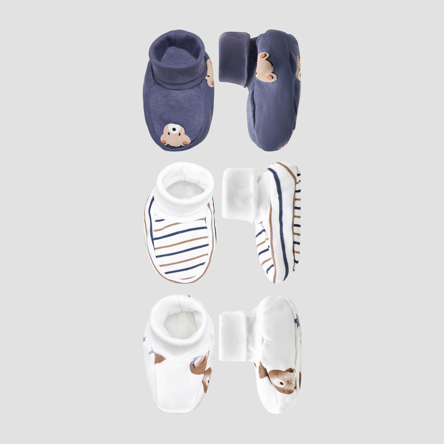 Pack of 3 Juniors Booties with Cuff, Printed - Blue / 0-6 mths