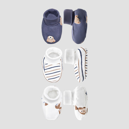 Pack of 3 Juniors Booties with Cuff, Printed - Blue / 0-6 mths