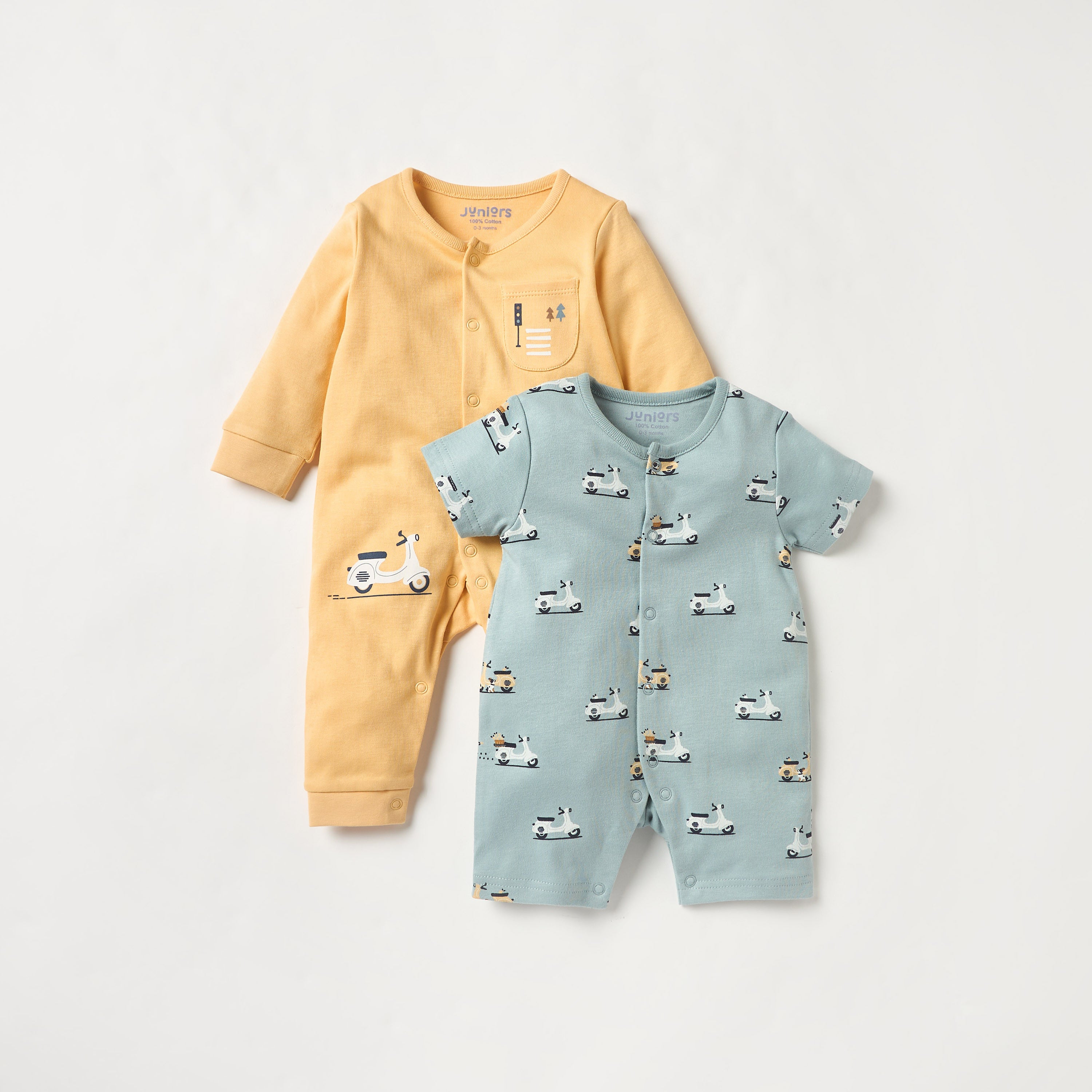 Juniors Scooter Print Sleepsuit and Romper with Button Closure - Multicolour / 12-18 mths
