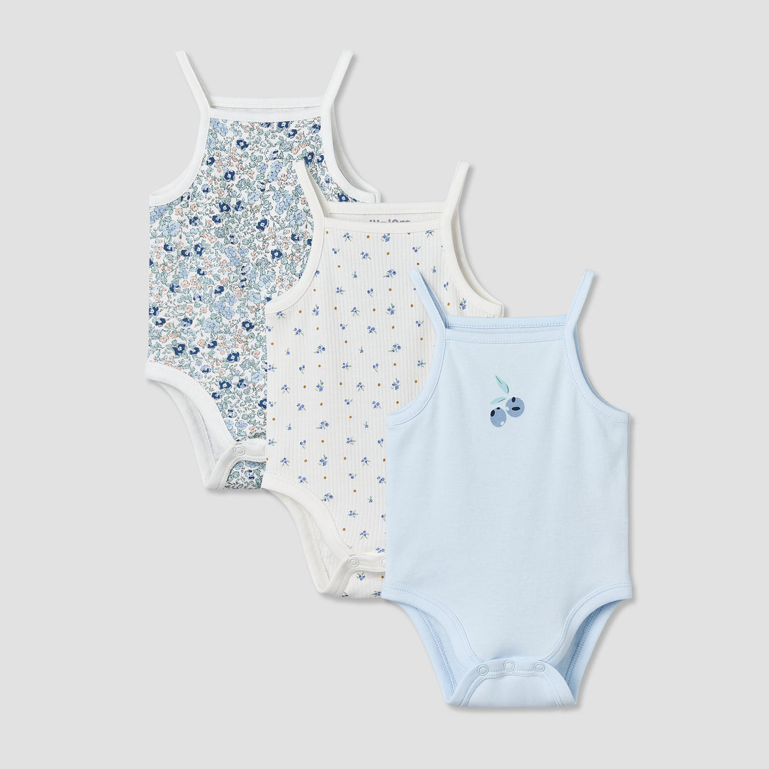 Pack of 3 Juniors Cotton Square Neck Straps Bodysuit with Assorted Prints - Blue / 12-18 mths