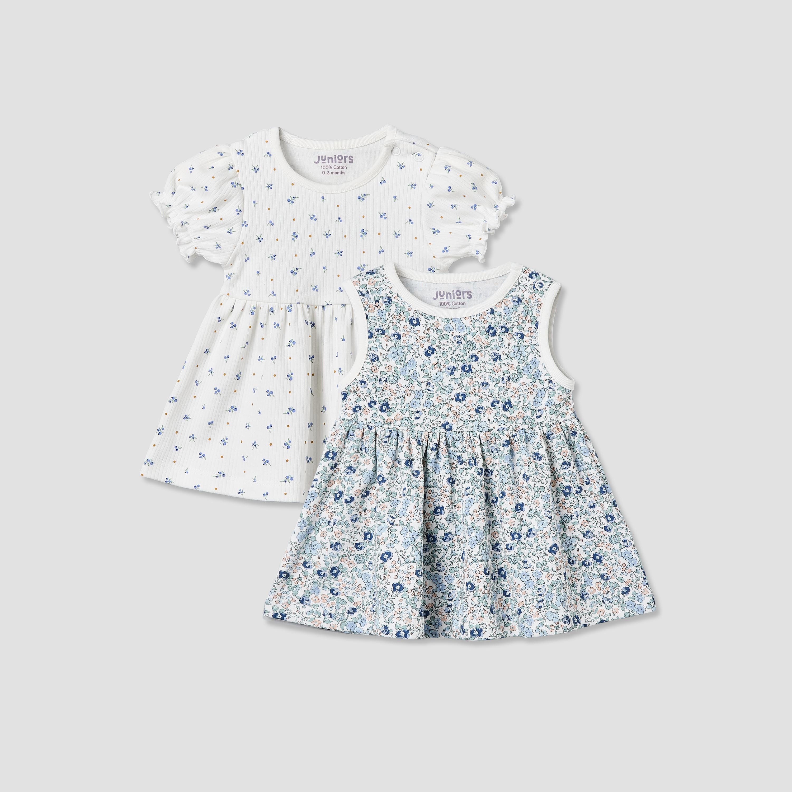 Pack of 2 Juniors Round Neck Sleeveless Knee-Length Dress with Floral Print