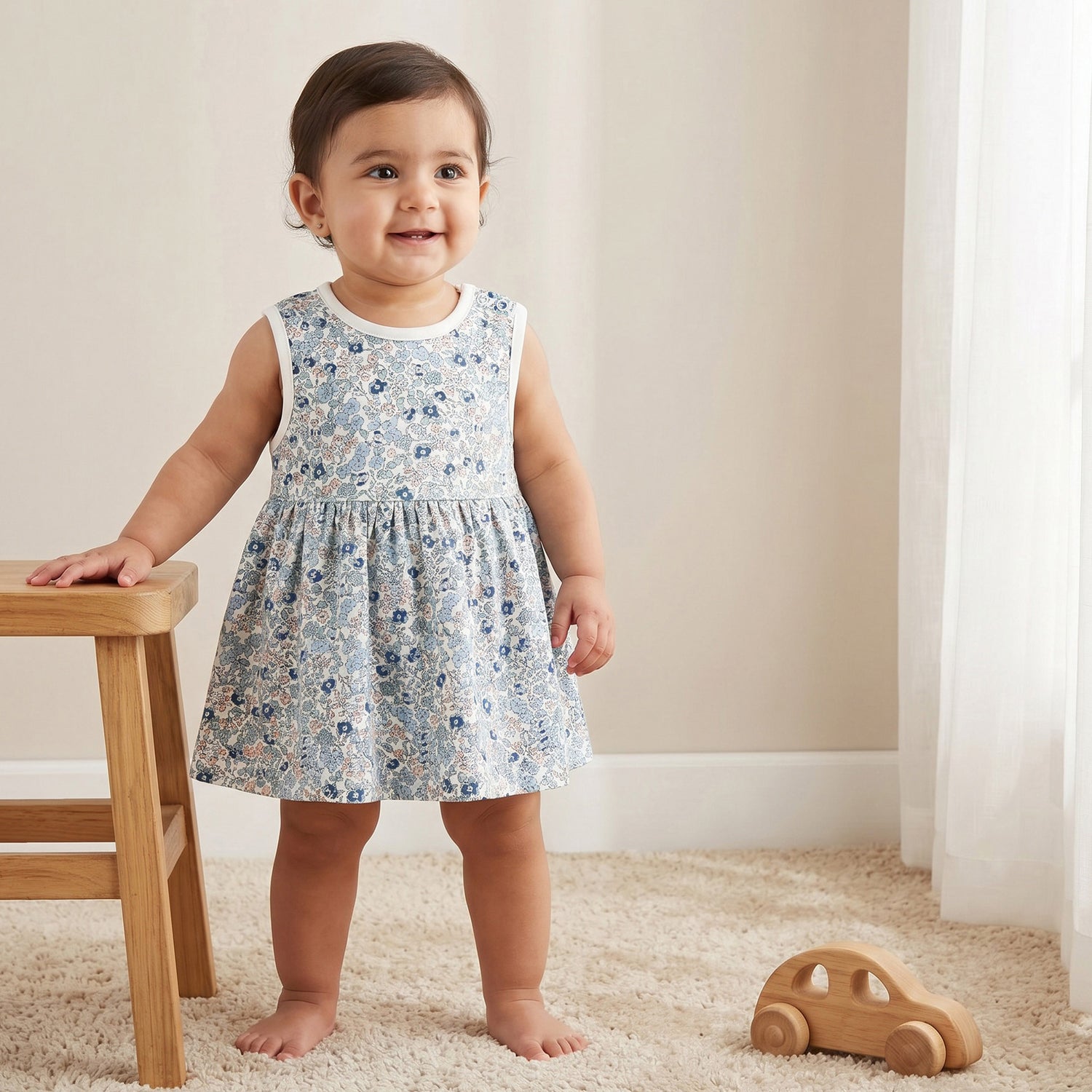 Pack of 2 Juniors Round Neck Sleeveless Knee-Length Dress with Floral Print - Blue / 12-18 mths