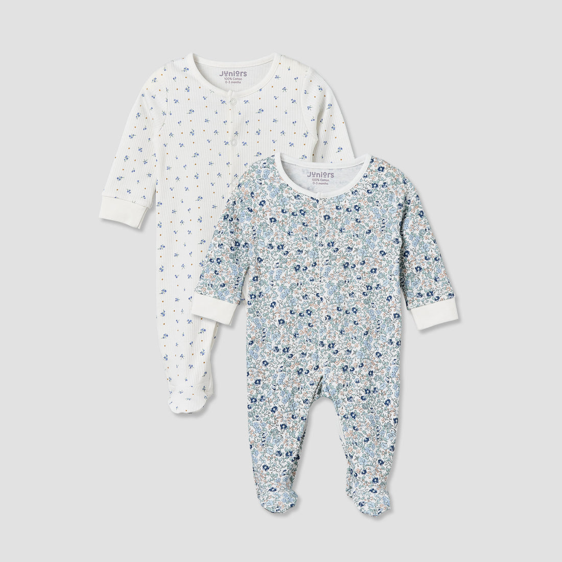 Pack of 2 Juniors Cotton Round Neck Long Sleeve Sleepsuit with Floral Print - Blue / 9-12 mths
