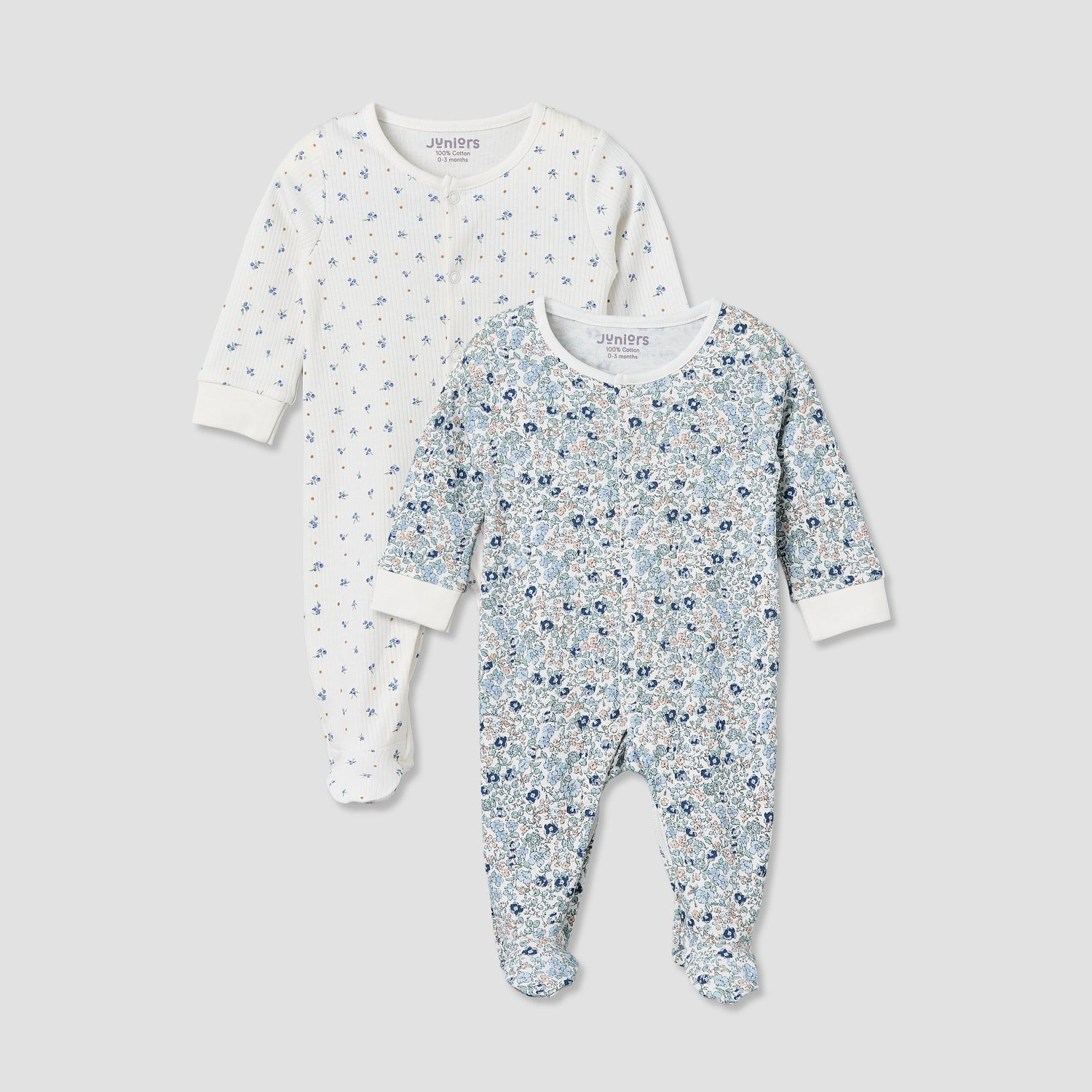 Pack of 2 Juniors Cotton Round Neck Long Sleeve Sleepsuit with Floral Print - Blue / 9-12 mths